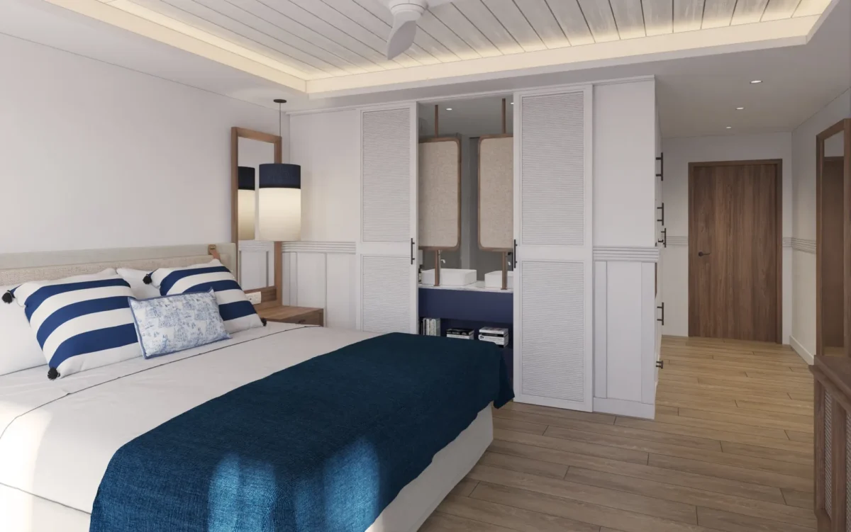 Deluxe Ocean View room with king bed and modern coastal décor at Secrets St. Lucia Resort & Spa.
