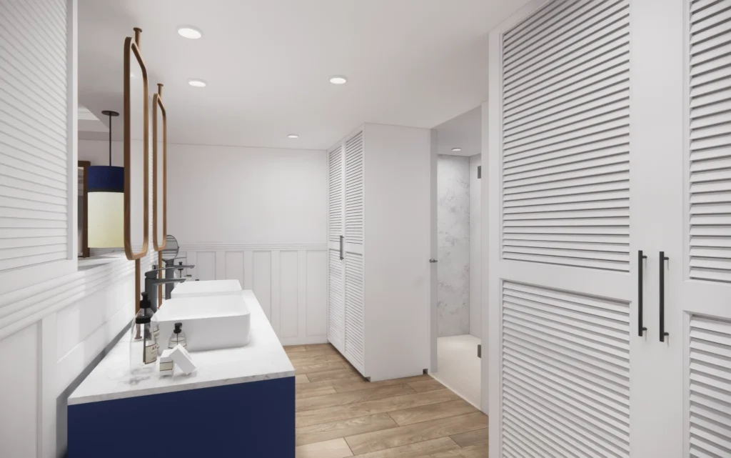 Spacious bathroom with double sinks and walk-in shower in Preferred Club Bungalow Suite at Secrets St. Lucia.