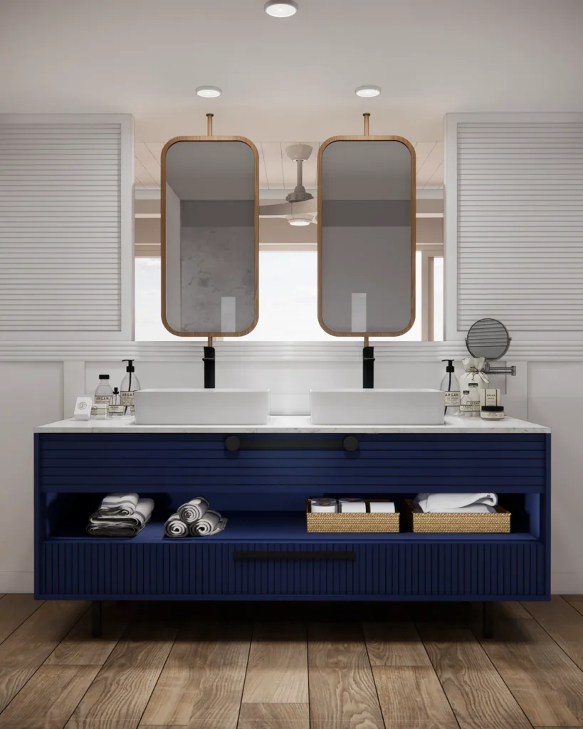 Preferred Club Bungalow Suite bathroom with double sinks and modern mirrors at Secrets St. Lucia Resort & Spa.