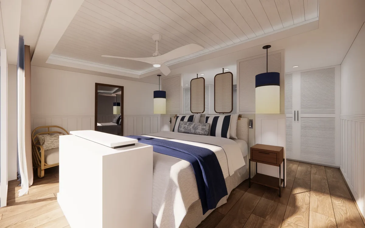 Preferred Club Bungalow Suite Ocean Front Swim Out bedroom with king bed at Secrets St. Lucia Resort & Spa.