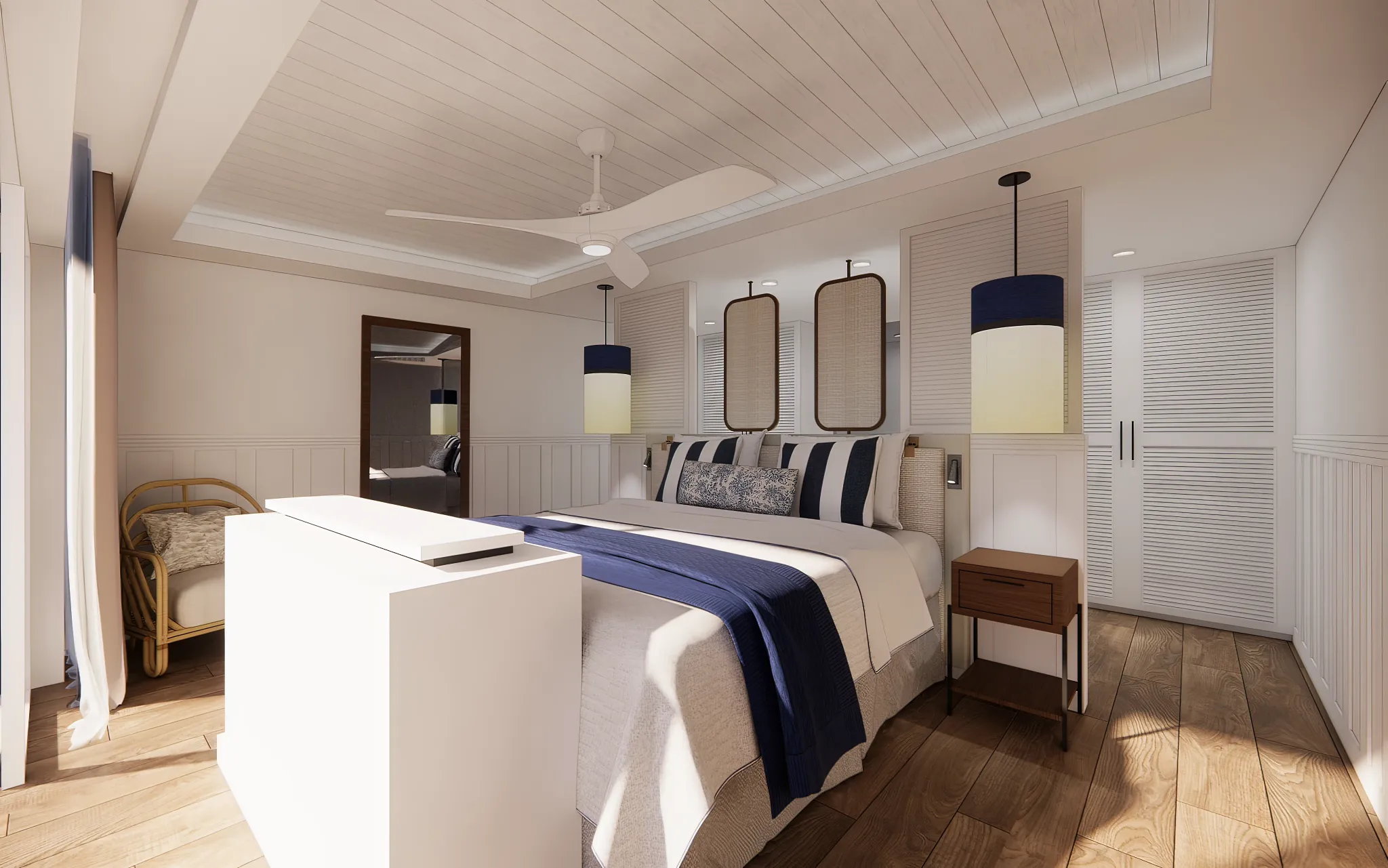 Preferred Club Bungalow Suite Ocean Front Swim Out bedroom with king bed at Secrets St. Lucia Resort & Spa.