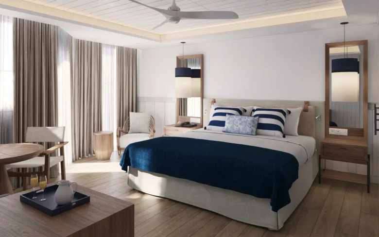 Preferred Club Master Suite Ocean Front bedroom with king bed and ocean-inspired décor at Secrets St. Lucia Resort & Spa.