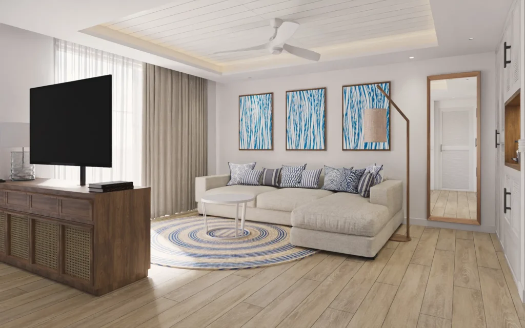 Preferred Club Master Suite Ocean Front living area with sofa and modern coastal décor at Secrets St. Lucia Resort & Spa.