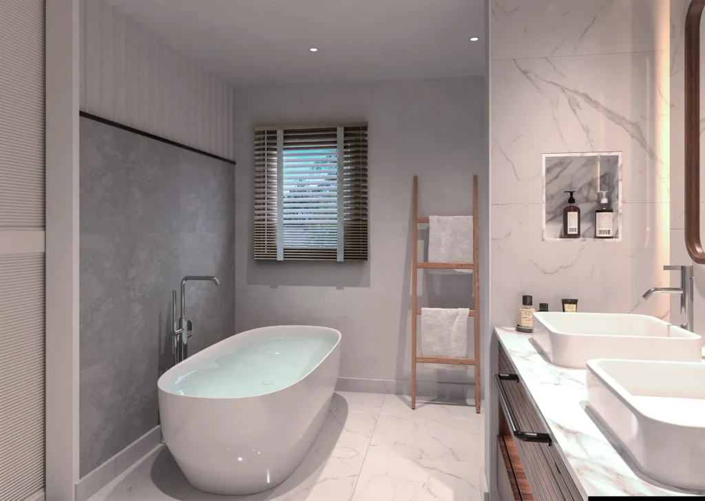 Preferred Club Presidential Suite bathroom with freestanding soaking tub and marble vanity in ocean view suite.
