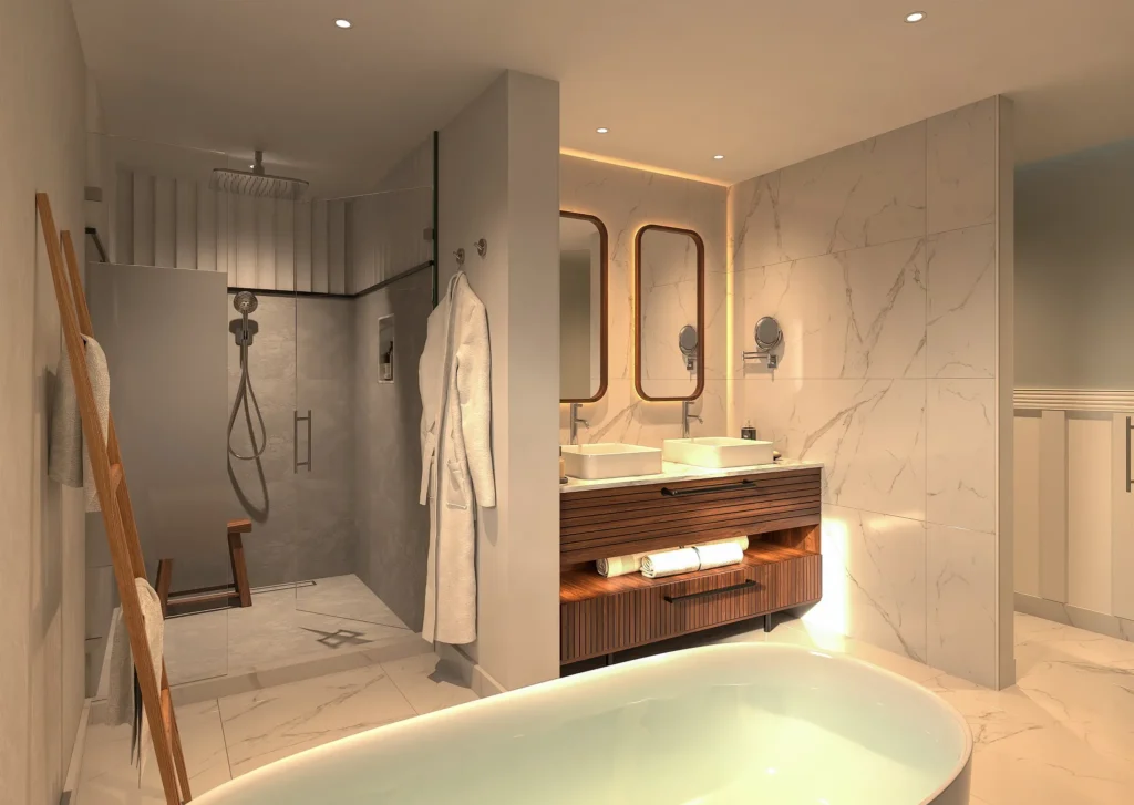 Preferred Club Presidential Suite bathroom with soaking tub, dual vanities, and walk-in rain shower at ocean view resort.