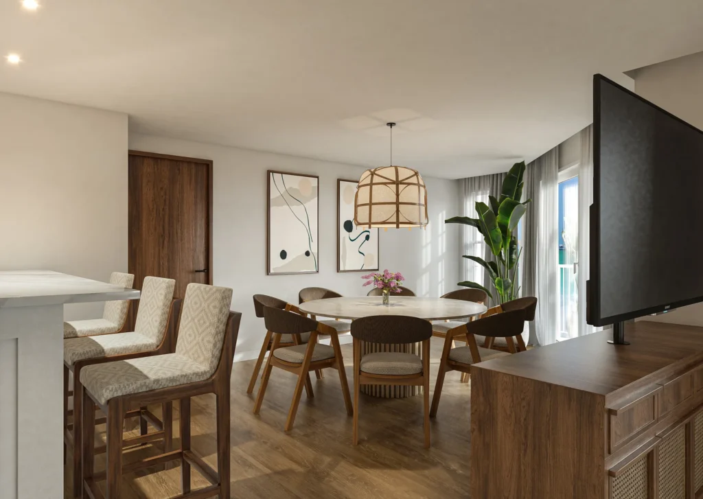 Preferred Club Presidential Suite dining area with round table and modern seating in ocean view suite.