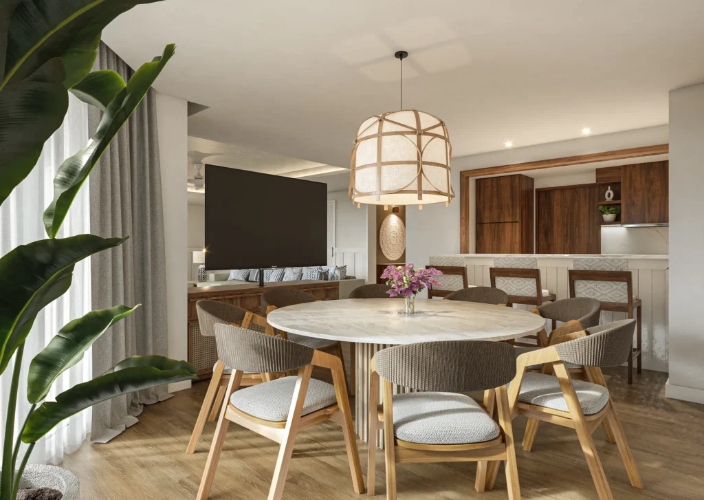 Preferred Club Presidential Suite open living and dining area with TV and stylish furnishings.