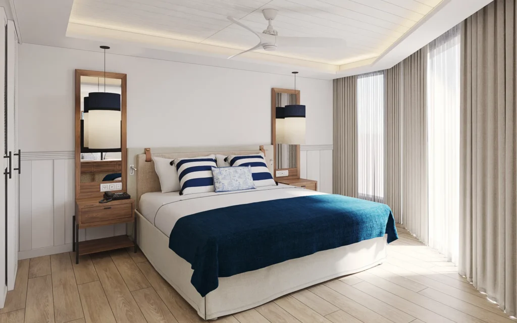 Superior Ocean Front room with king bed and modern coastal décor at Secrets St. Lucia Resort & Spa.