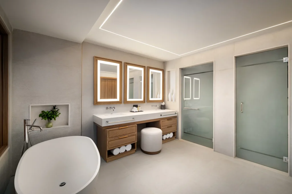 Preferred Club Master Suite Ocean Front bathroom with soaking tub and double vanity at Secrets Tides Punta Cana.