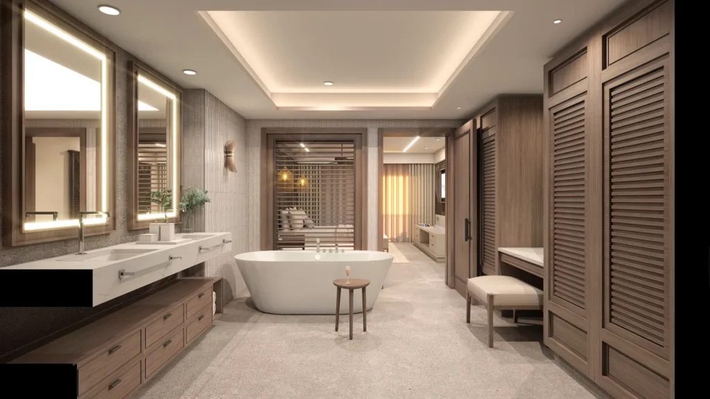 Presidential Suite Ocean Front Plunge Pool bathroom with soaking tub and double vanity at Secrets Tides Punta Cana.
