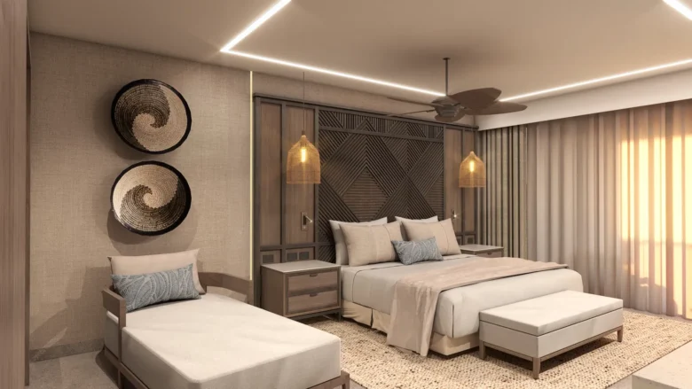 Presidential Suite Ocean Front Plunge Pool bedroom with king bed and modern décor at Secrets Tides Punta Cana.