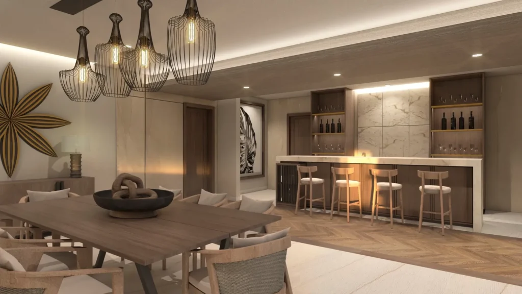 Presidential Suite Ocean Front Plunge Pool living and dining area with bar at Secrets Tides Punta Cana.