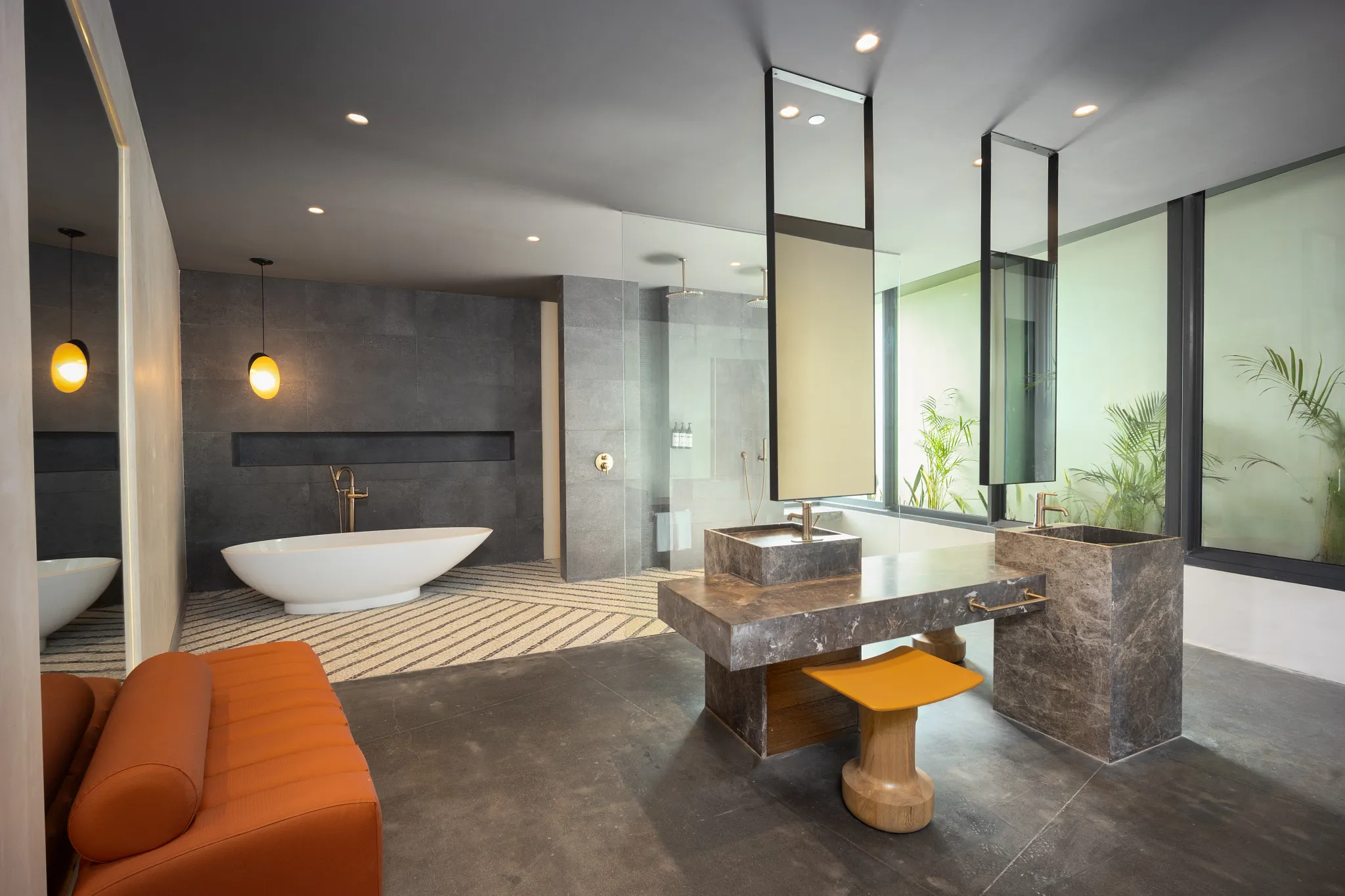 Presidential Suite bathroom with double stone vanities, soaking tub for two, and separate rain shower at Secrets Tulum Resort & Beach Club.