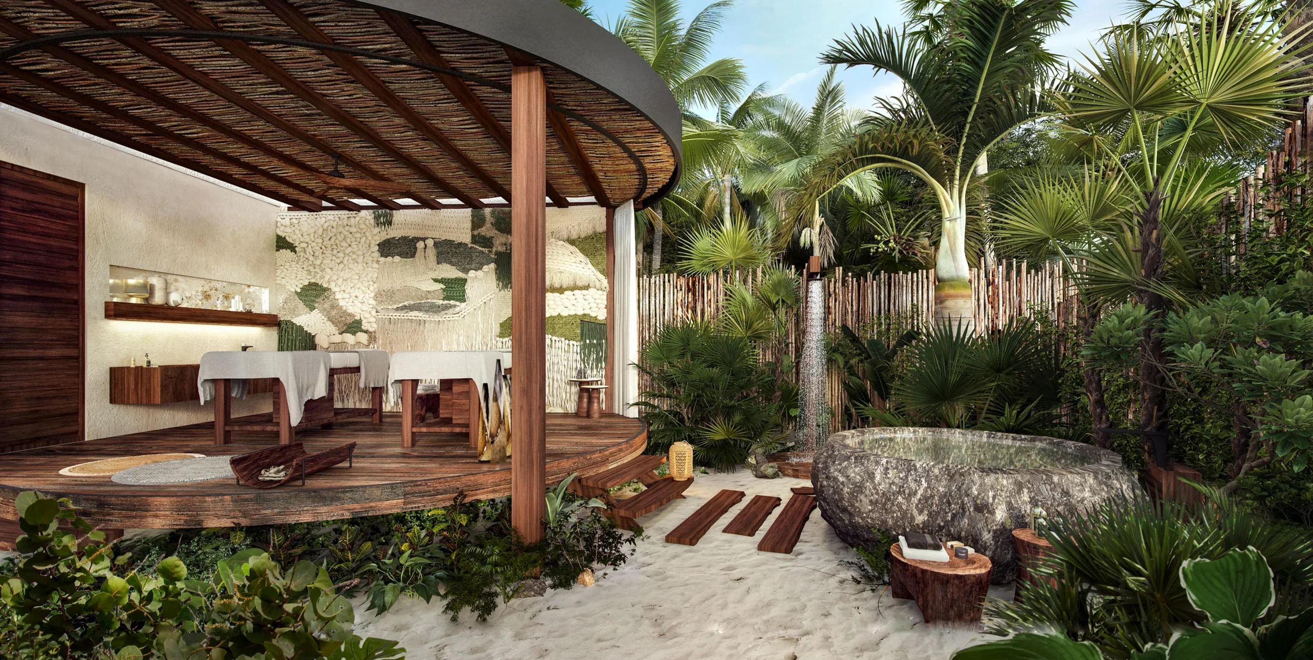 Tropical exterior of Secrets Spa by Pevonia® surrounded by lush gardens at Secrets Tulum Resort & Beach Club.