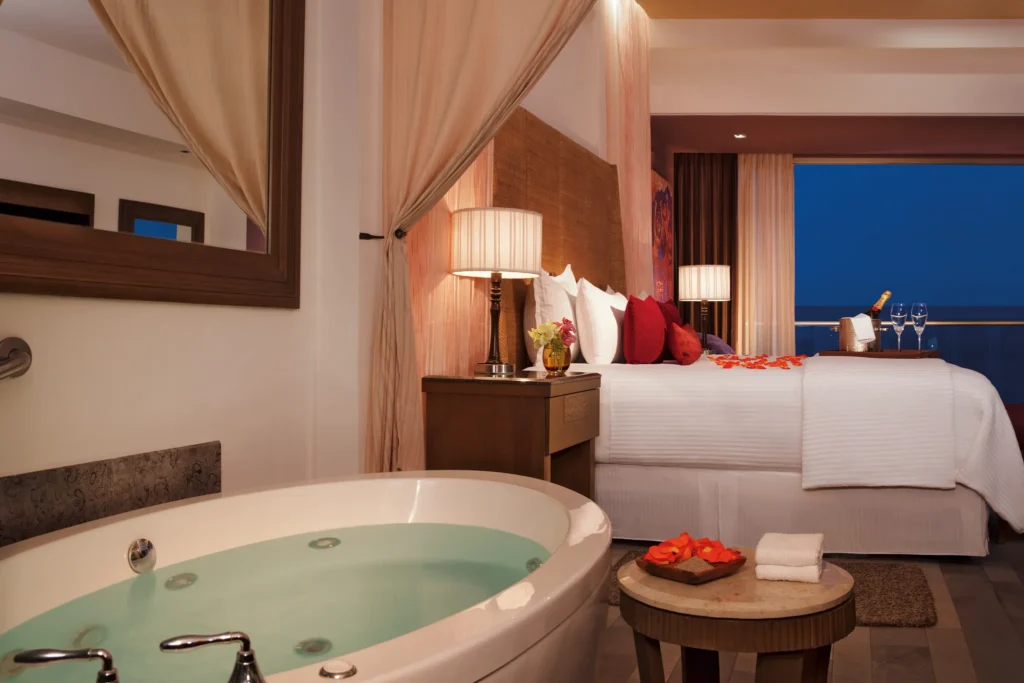 Preferred Club Master Suite Oceanfront with in-room soaking tub and romantic setup at Secrets Vallarta Bay Puerto Vallarta.