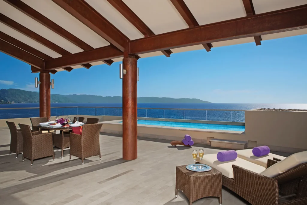 Presidential Suite oceanfront terrace with private plunge pool and dining area at Secrets Vallarta Bay Puerto Vallarta.
