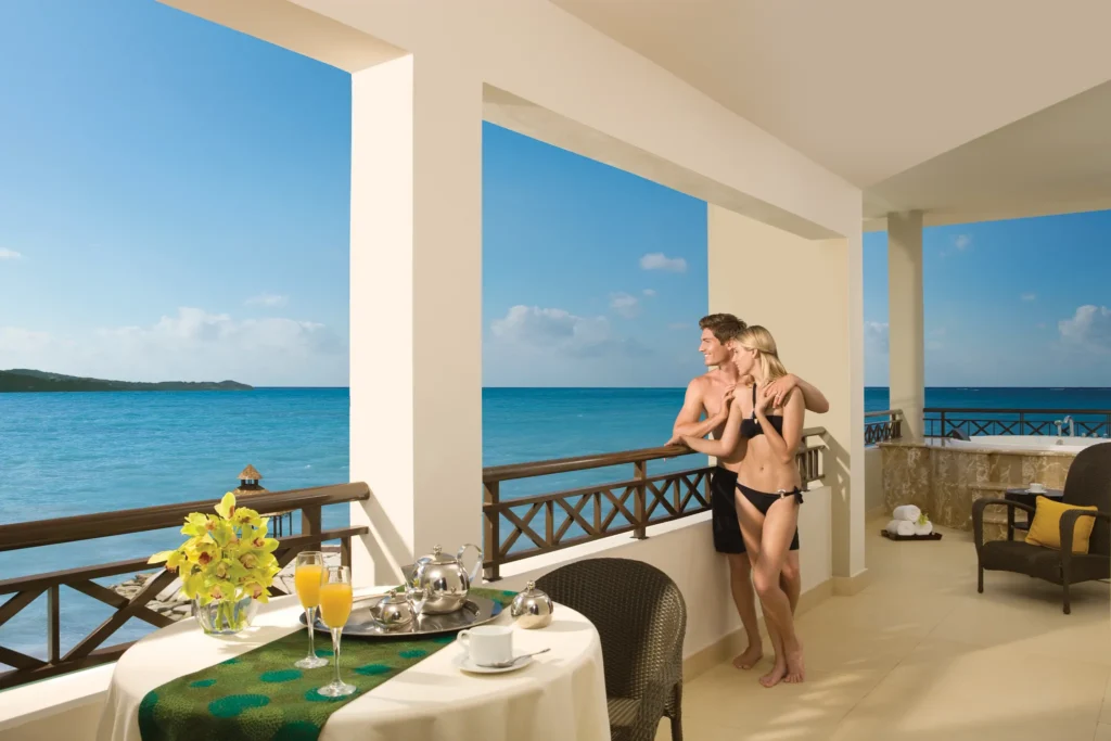 Preferred Club Presidential Suite oceanfront terrace with private hot tub at Secrets Wild Orchid Montego Bay.