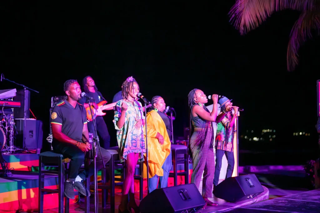 Live reggae-style band performing at night at Secrets Wild Orchid Montego Bay in Jamaica.