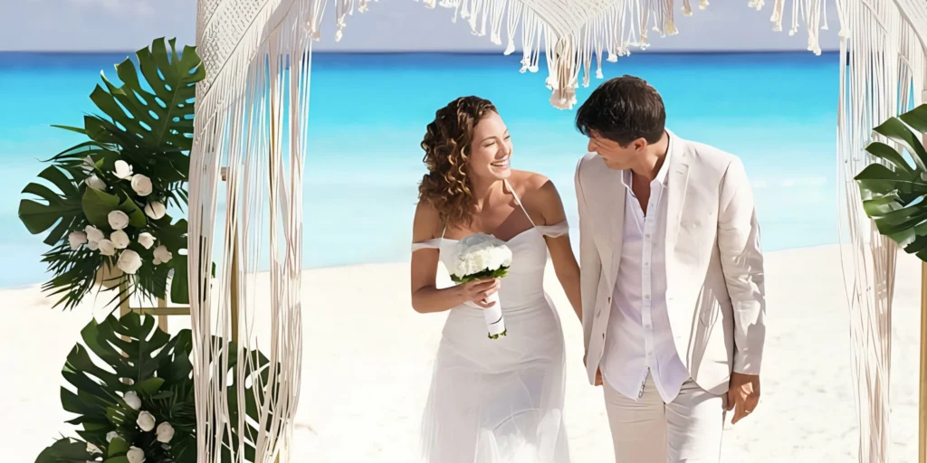 Newlywed couple walking beneath a beachfront wedding arch at Sunscape Cancun Resort & Spa in Cancun.