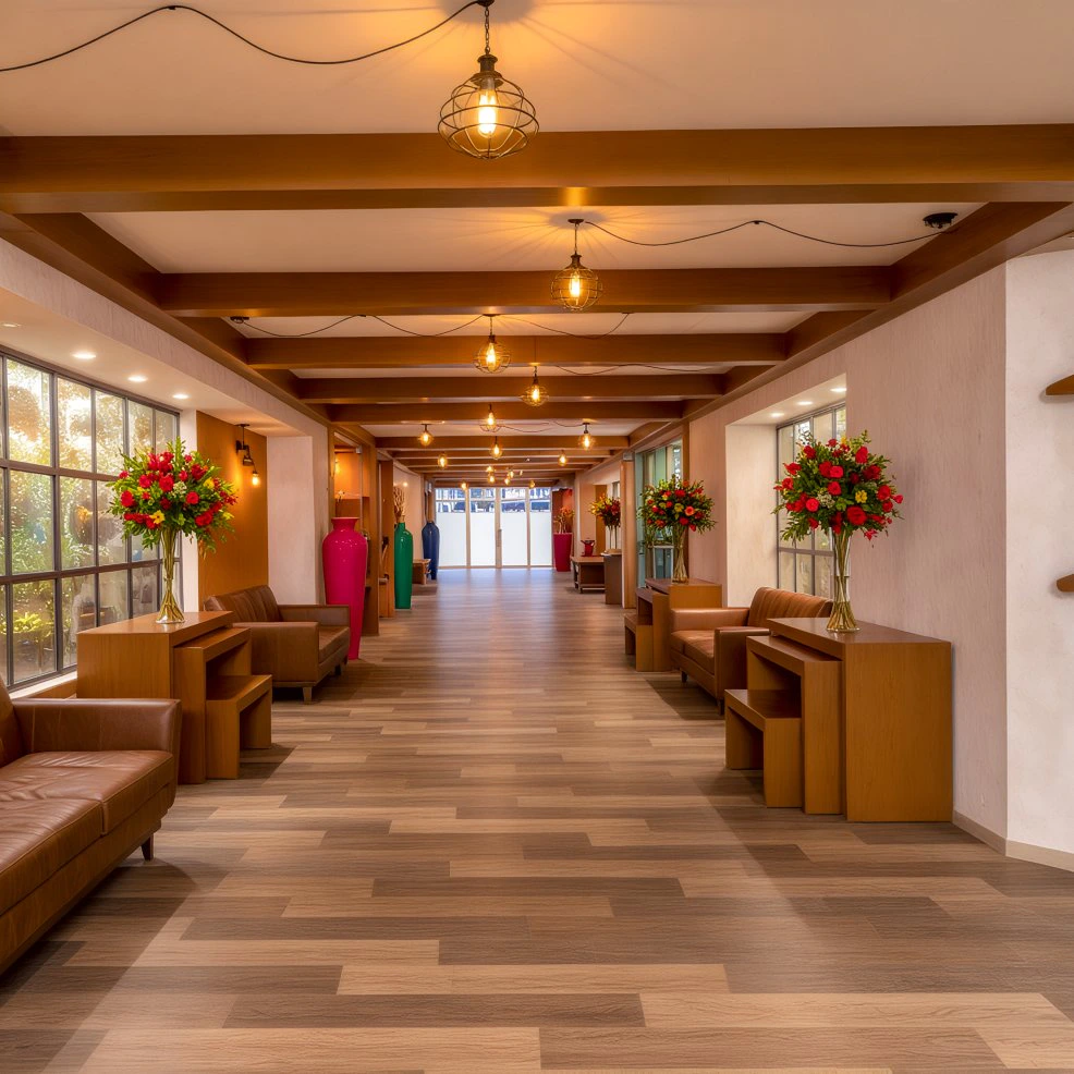 Elegant resort hallway with modern seating and floral décor at Sunscape Cancun Resort & Spa in Cancun.