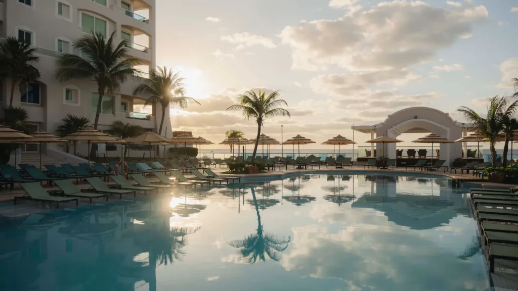 Aerial view of the main beachfront pool at Sunscape Cancun Resort & Spa with lounge chairs and ocean views.