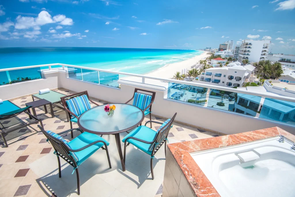 Presidential Suite balcony with hot tub and ocean views at Sunscape Cancun Resort & Spa.