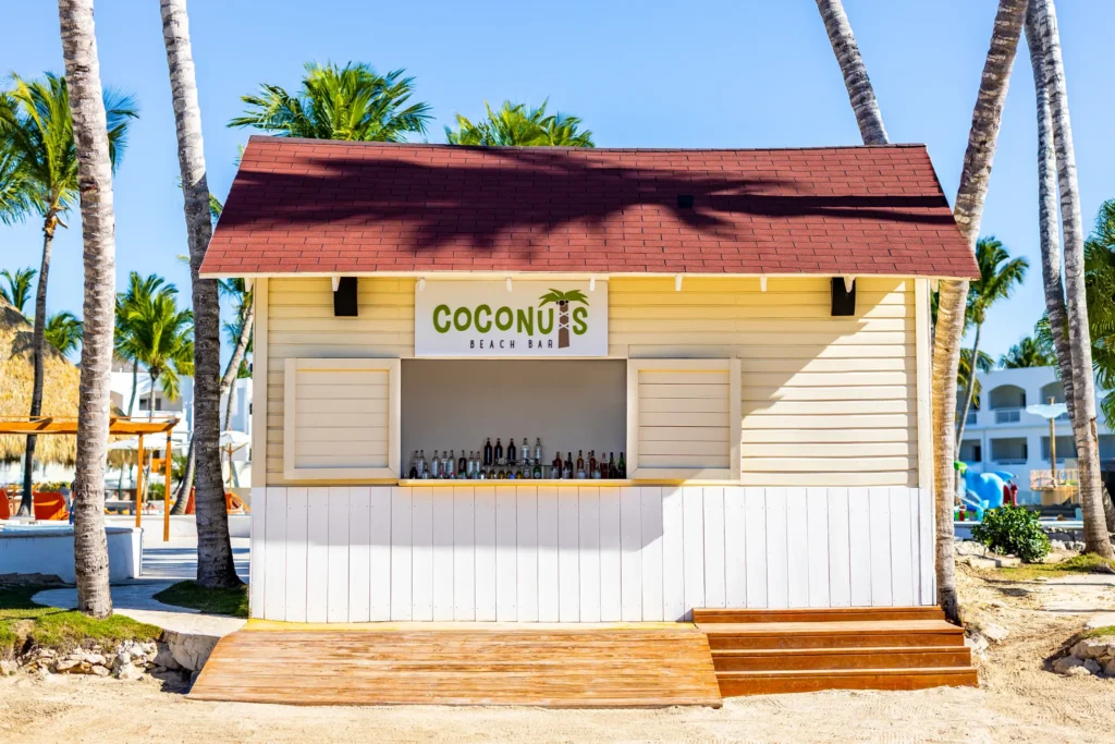 Coconuts beach bar at Sunscape Dominicus La Romana featuring a thatched-roof bar, tropical cocktails, and oceanfront seating.