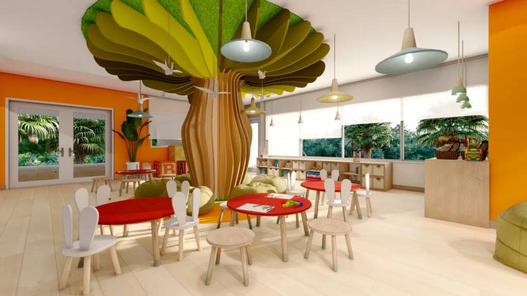 Bright kids’ classroom at Explorer’s Club in Sunscape Dominicus La Romana with colorful decor and creative activity stations.