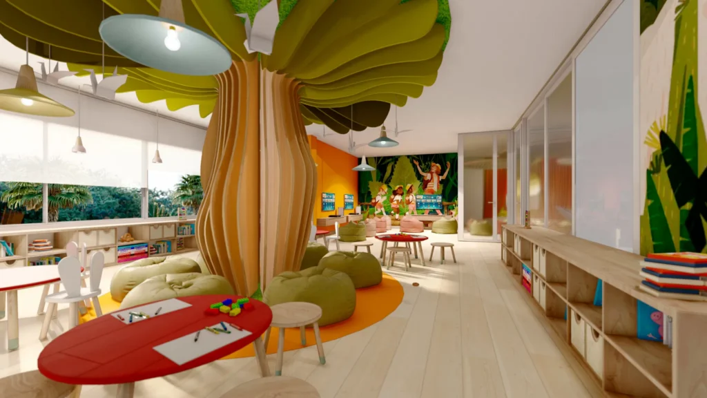 Indoor kids’ play area with tree centerpiece and seating at Explorer’s Club in Sunscape Dominicus La Romana.
