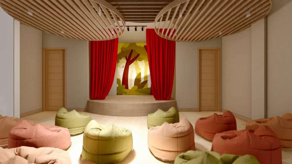 Kids’ theater room with stage and seating at Explorer’s Club in Sunscape Dominicus La Romana.