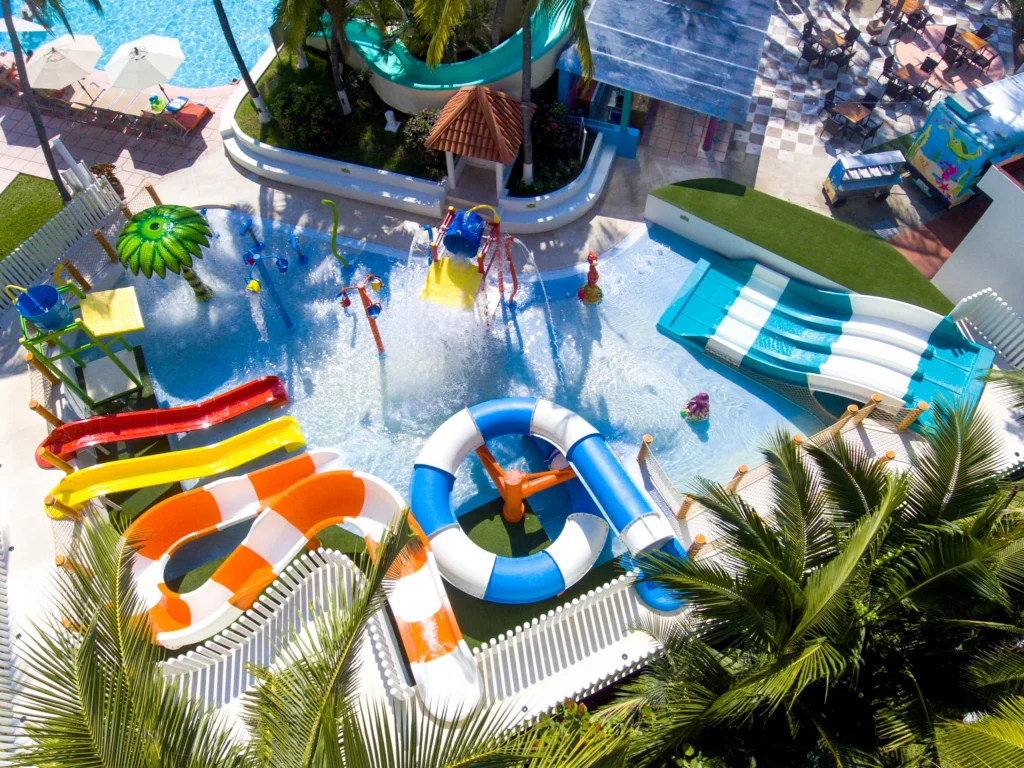 Aerial view of Sunny Splash Park with colorful water slides and splash features at Sunscape Dorado Pacifico Ixtapa.