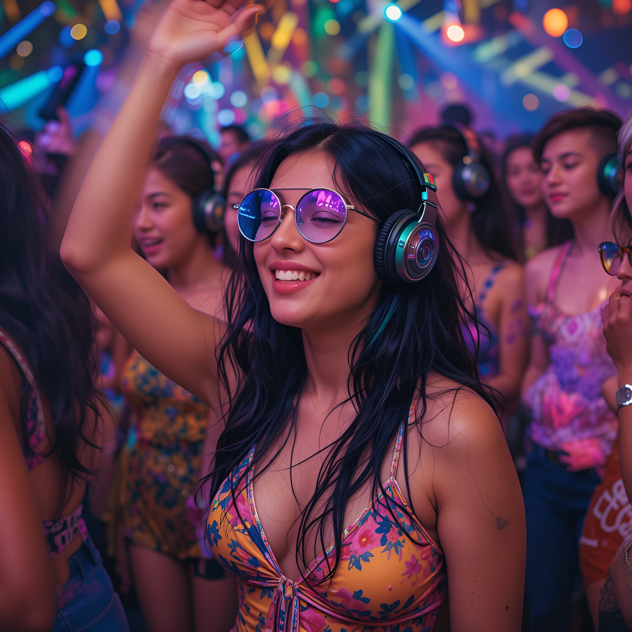 Festival goers enjoying a silent disco at a summer music festival, headphones, dancing, vibrant colors, unique experience