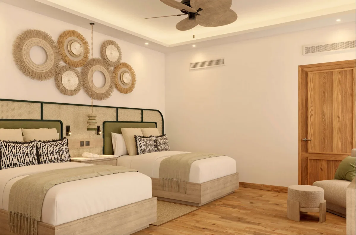 Junior Suite Agua Swim Up with two queen beds and garden pool access at Zoëtry Agua Punta Cana.