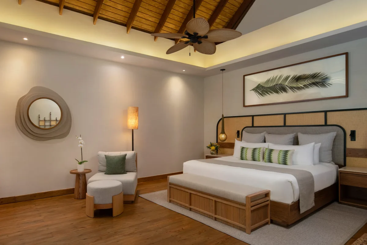 Villa Caney Garden View king bedroom with vaulted wood ceiling at Zoëtry Agua Punta Cana.