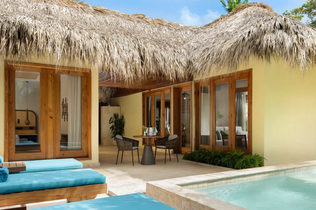 Villa Caney Garden View private terrace with plunge pool and thatched roof at Zoëtry Agua Punta Cana.