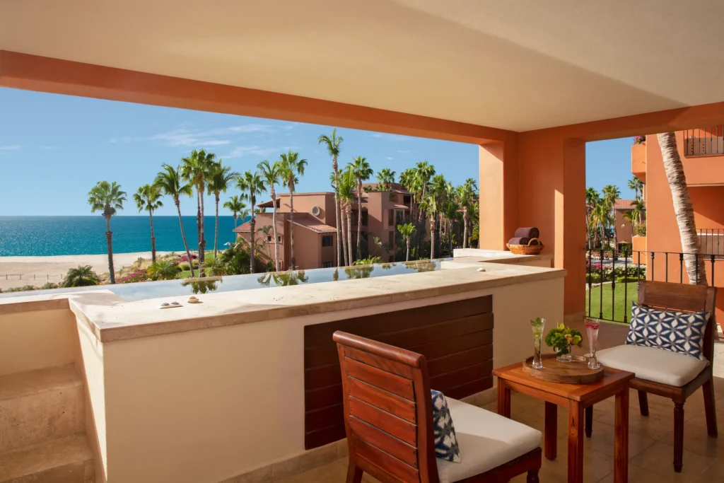 Luxury One Bedroom Suite balcony with infinity-edge plunge pool and ocean view at Zoëtry Casa del Mar Los Cabos.