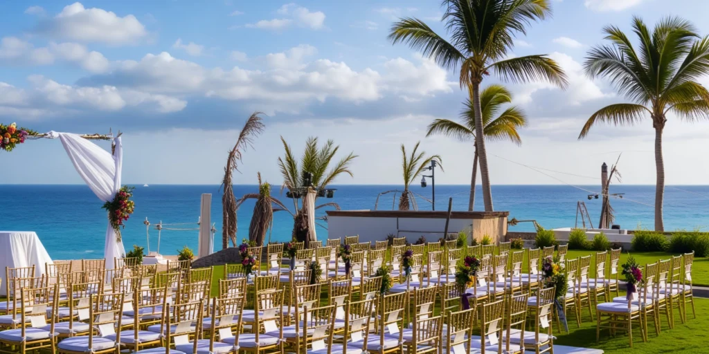 Quiet Zone oceanfront lawn ceremony setup with wedding arch at Zoëtry Casa del Mar Los Cabos