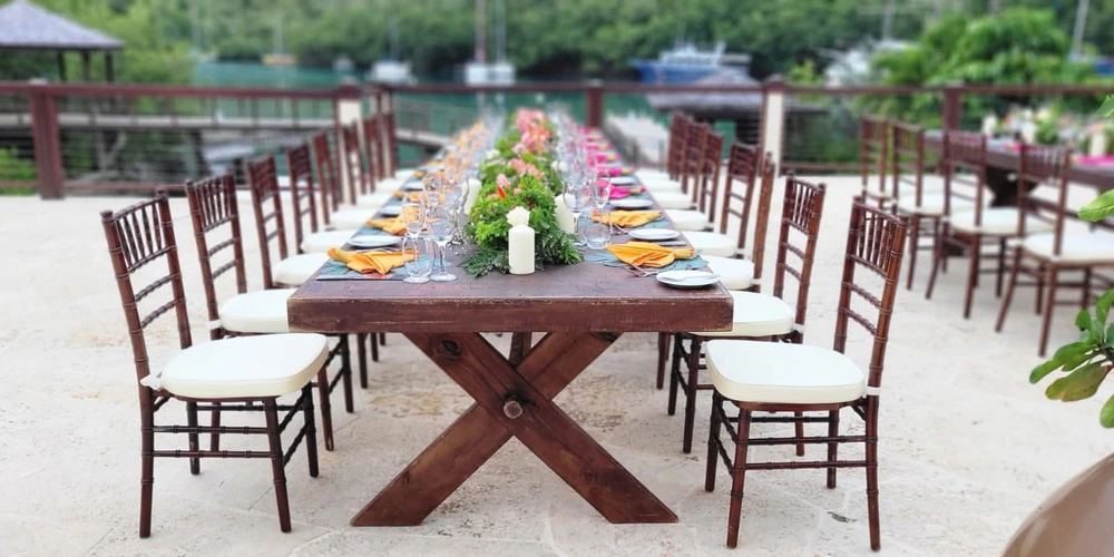 Boudreau Terrace outdoor wedding reception setup overlooking Marigot Bay at Zoetry Marigot Bay St. Lucia