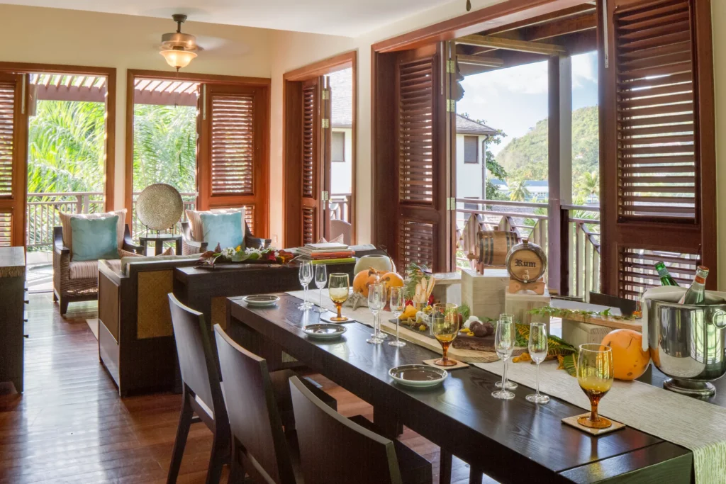 Dining area inside Penthouse Two Bedroom Residence at Zoëtry Marigot Bay St. Lucia.