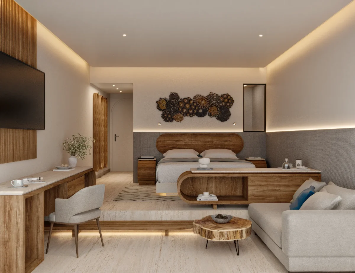 Presidential Suite Oceanfront with king bed, modern living area, and elegant wood accents at Zoëtry Villa Rolandi Isla Mujeres.