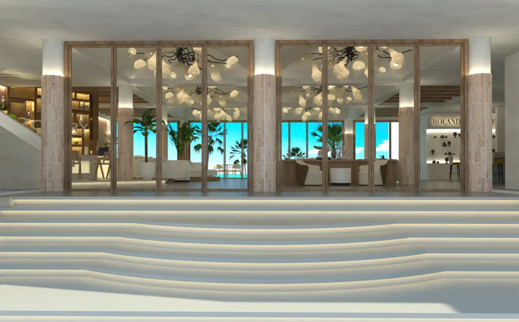 Modern open-air lobby entrance with ocean views and tropical design at Zoëtry Villa Rolandi Isla Mujeres.