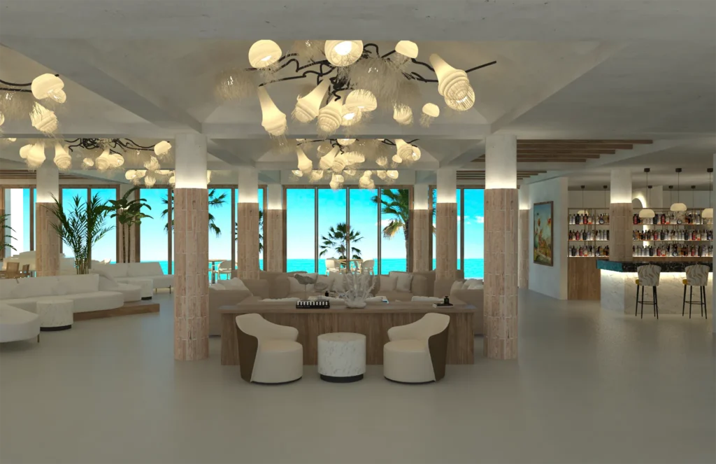 Elegant lobby interior with modern lighting, lounge seating, and ocean views at Zoëtry Villa Rolandi Isla Mujeres.