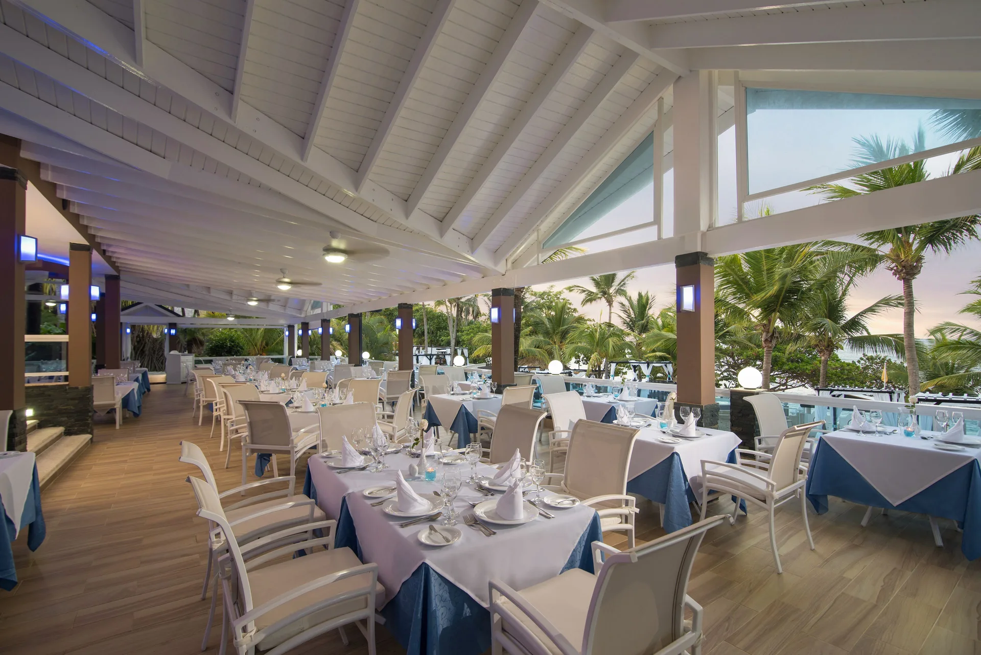 A blue-and-white oceanview dining room at Lifestyle Tropical Beach Resort & Spa.