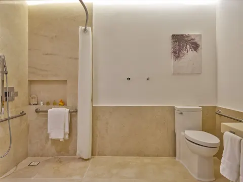 Accessible shower and toilet in a guest bathroom at Live Aqua Cancun.