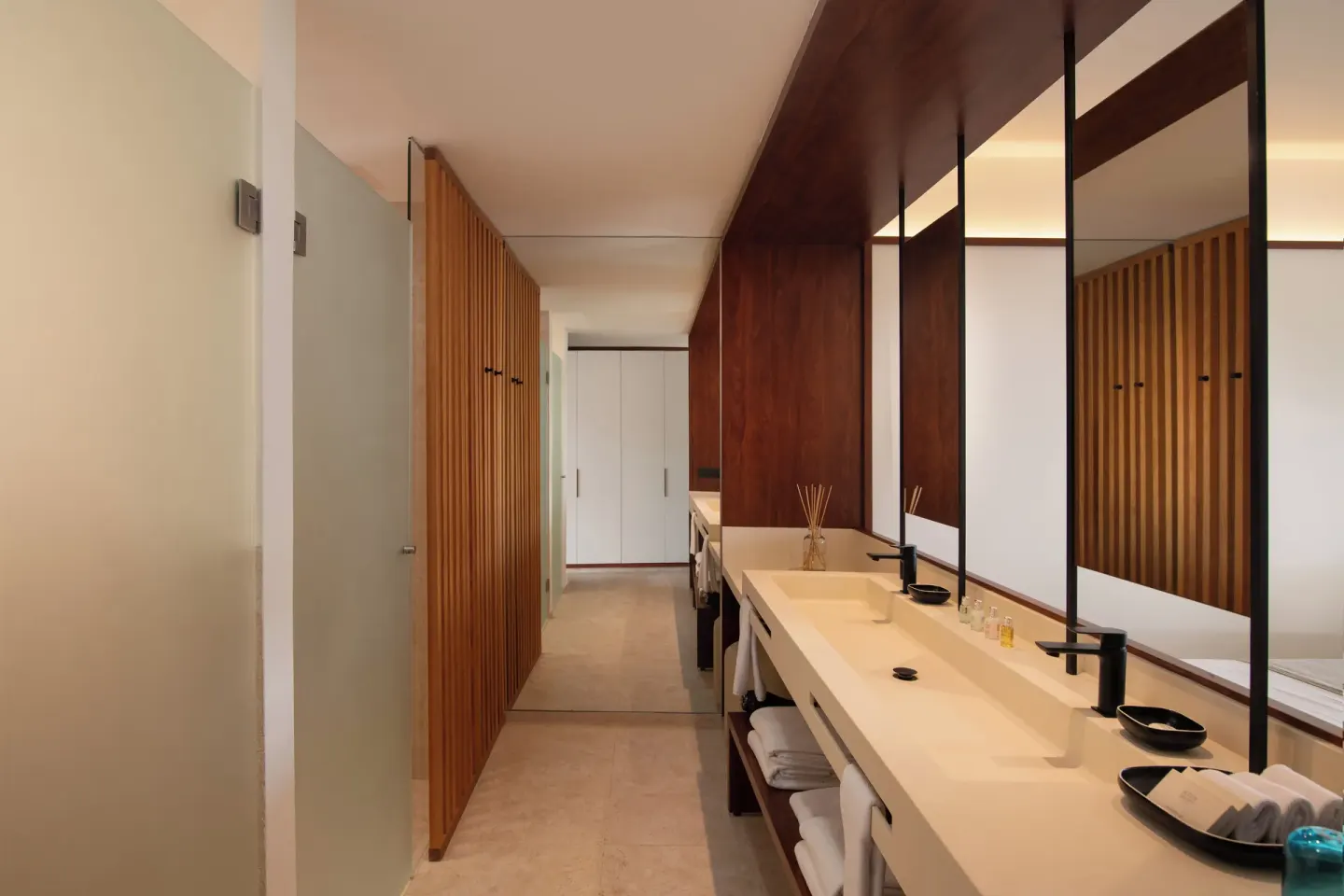 Double vanity bathroom in a Junior Suite Deluxe Pool View at Live Aqua Punta Cana.
