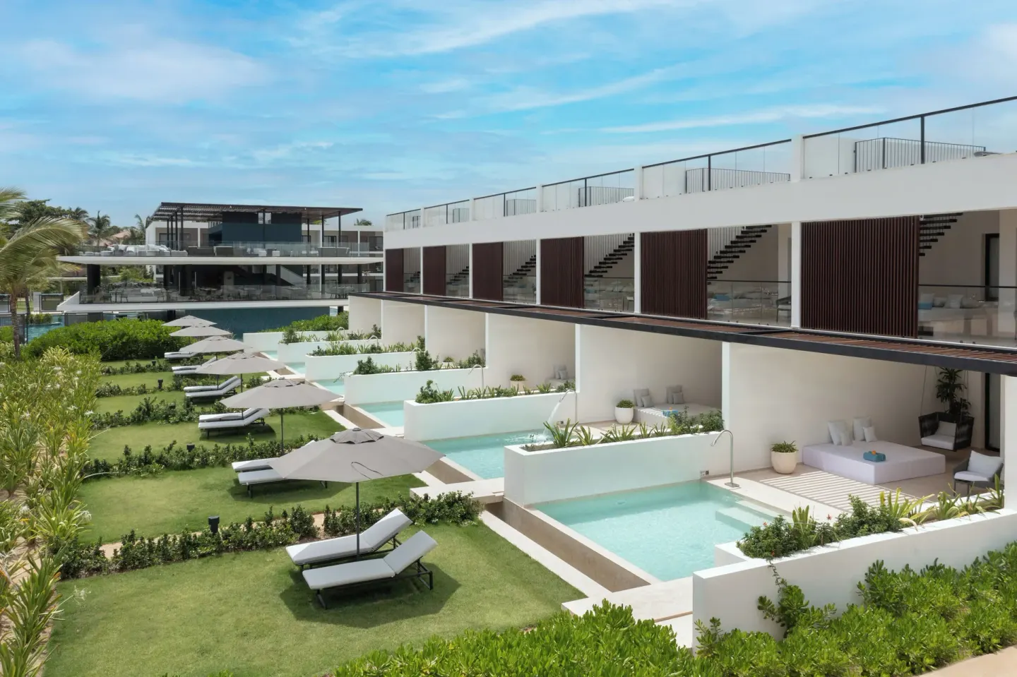 Viento Suite Ocean Front swim-up patios and lawns at Live Aqua Punta Cana.