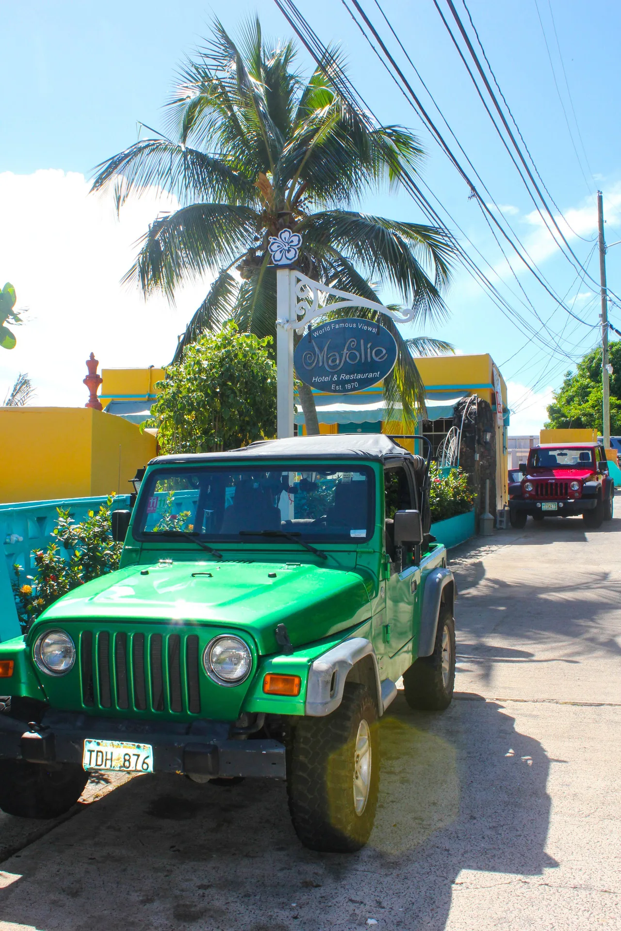 Entrance sign, palm tree, and parked jeeps at Mafolie Hotel.