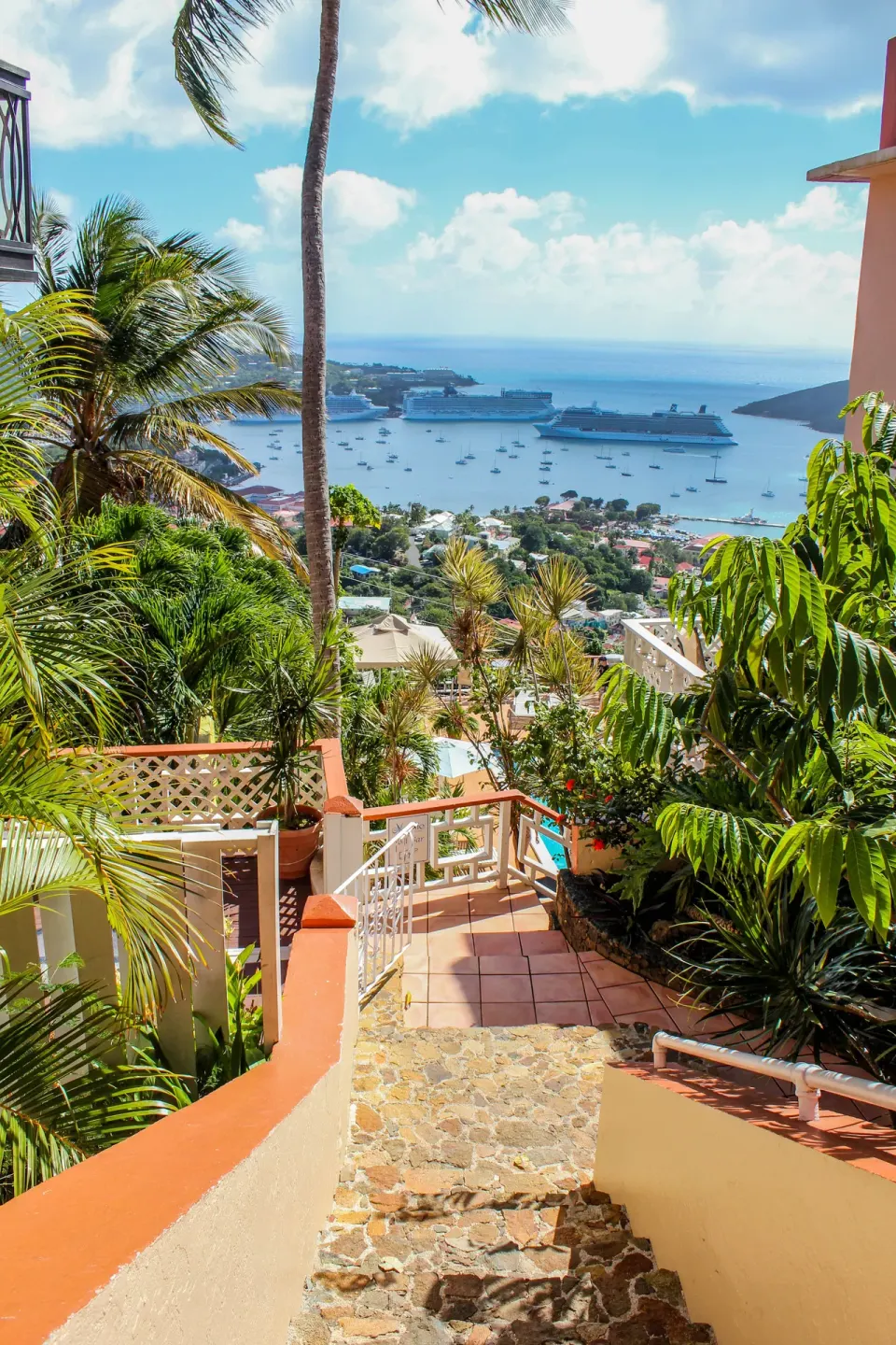 Stone stairs through tropical gardens with harbor and ships below at Mafolie Hotel.