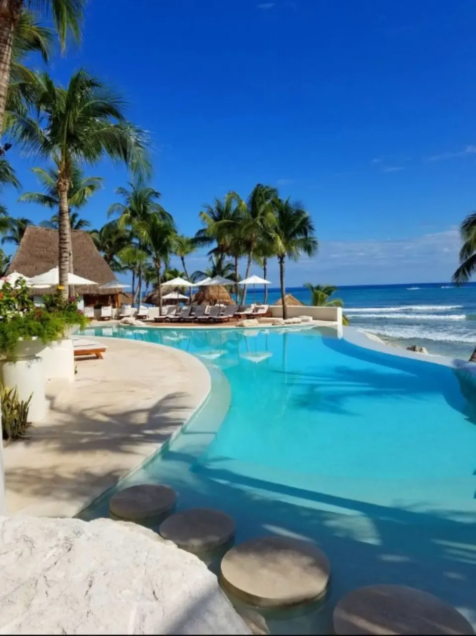 Oceanfront pool with palm trees at Mahekal Beach Front Resort & Spa.