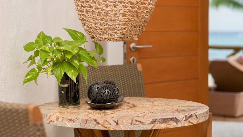 Garden View room table with plant and open terrace door at Mahekal Beach Front Resort & Spa.